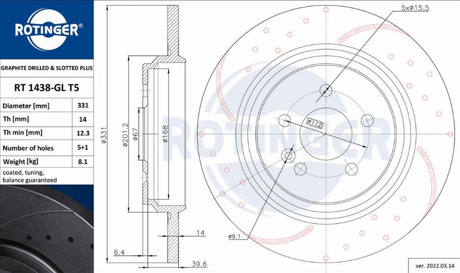 Rotinger RT 1438-GL T5 - Спирачен диск vvparts.bg