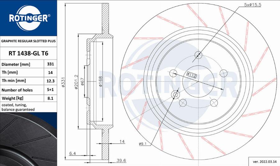 Rotinger RT 1438-GL T6 - Спирачен диск vvparts.bg