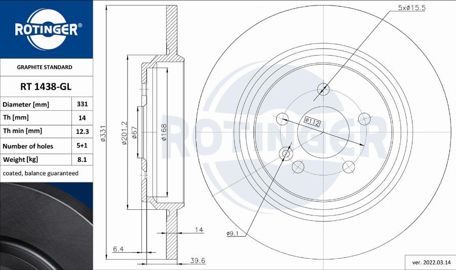 Rotinger RT 1438-GL - Спирачен диск vvparts.bg