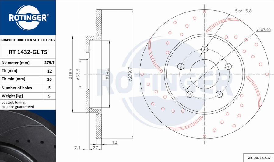 Rotinger RT 1432-GL T5 - Спирачен диск vvparts.bg