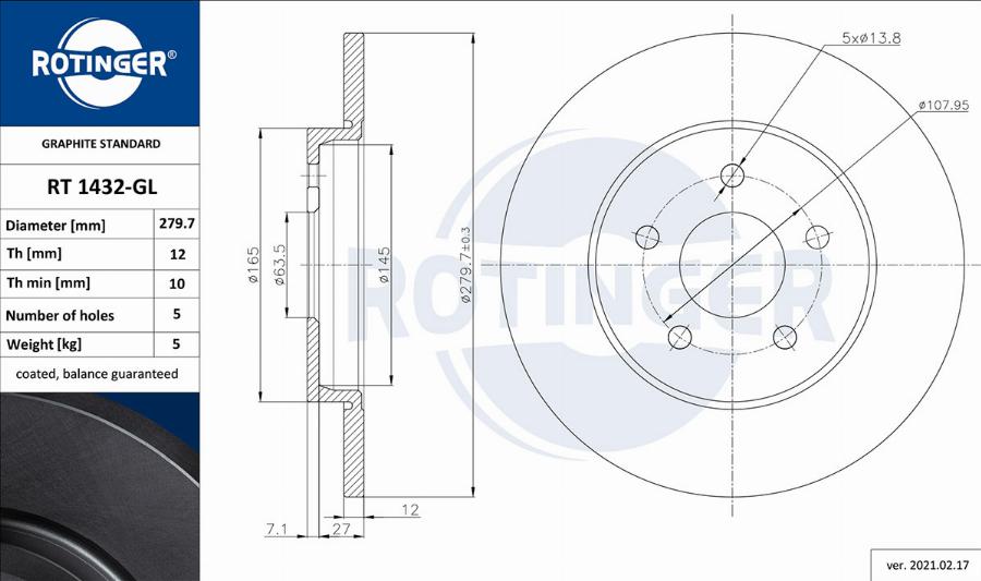 Rotinger RT 1432-GL - Спирачен диск vvparts.bg