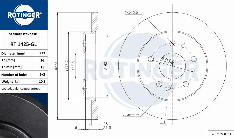 Rotinger RT 1425-GL - Спирачен диск vvparts.bg