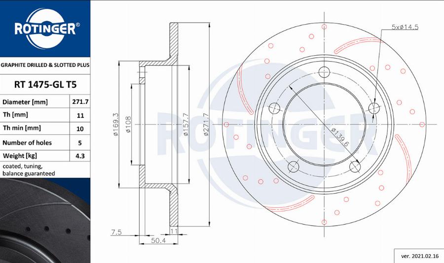 Rotinger RT 1475-GL T5 - Спирачен диск vvparts.bg