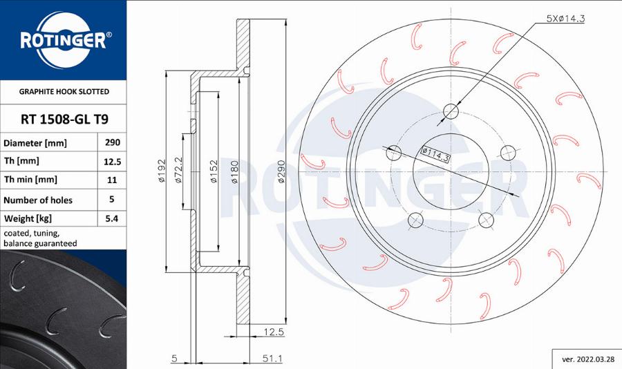 Rotinger RT 1508-GL T9 - Спирачен диск vvparts.bg