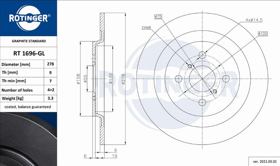 Rotinger RT 1696-GL - Спирачен диск vvparts.bg