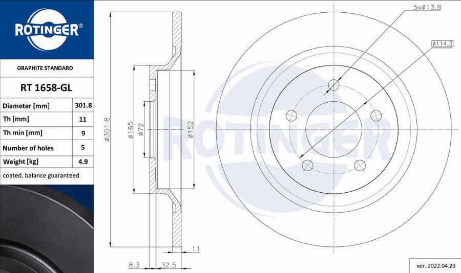 Rotinger RT 1658-GL - Спирачен диск vvparts.bg