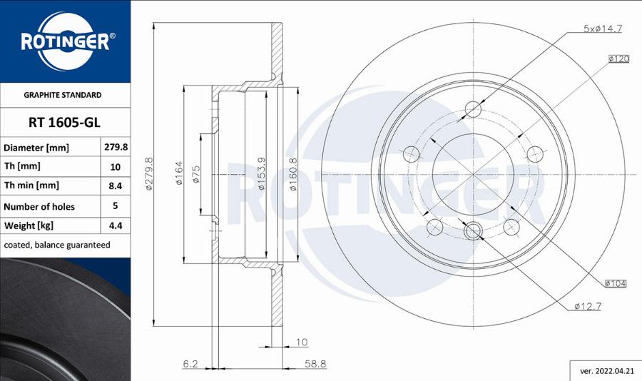 Rotinger RT 1605-GL - Спирачен диск vvparts.bg