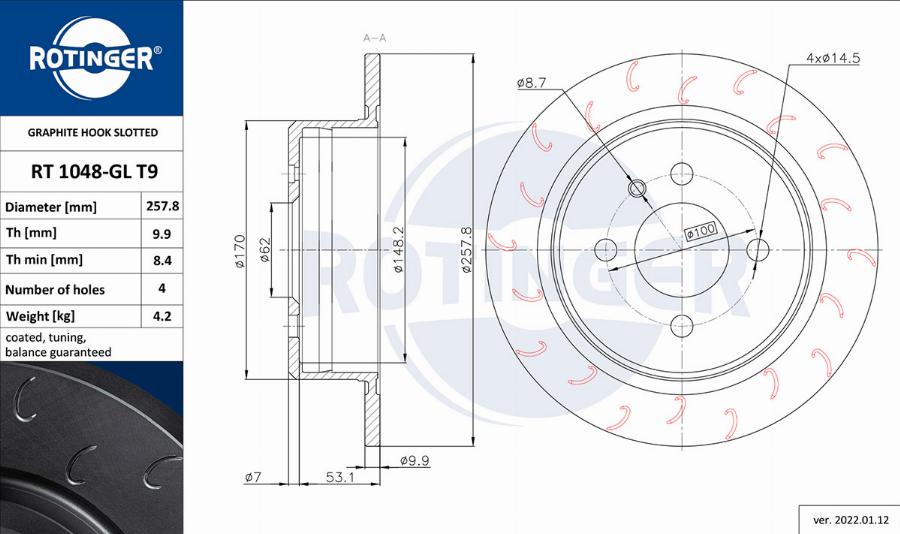 Rotinger RT 1048-GL T9 - Спирачен диск vvparts.bg