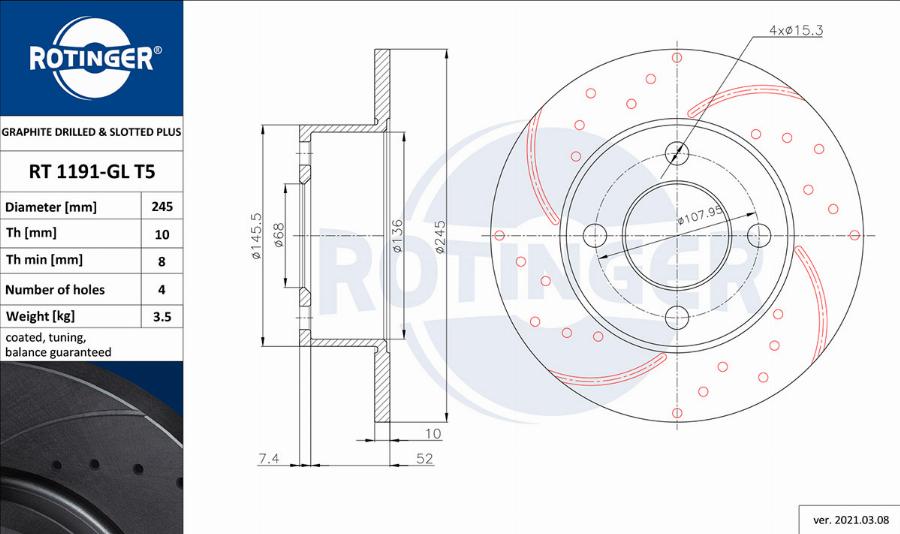 Rotinger RT 1191-GL T5 - Спирачен диск vvparts.bg