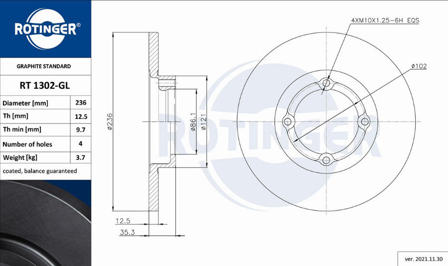 Rotinger RT 1302-GL - Спирачен диск vvparts.bg