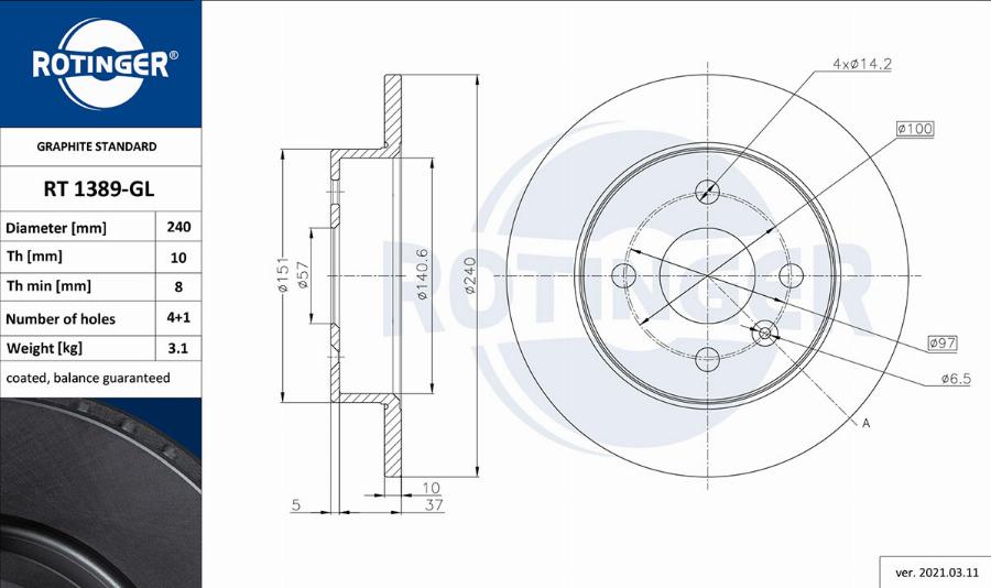 Rotinger RT 1389-GL - Спирачен диск vvparts.bg