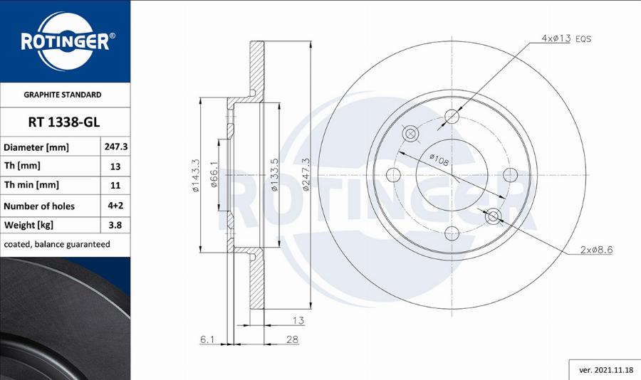 Rotinger RT 1338-GL - Спирачен диск vvparts.bg