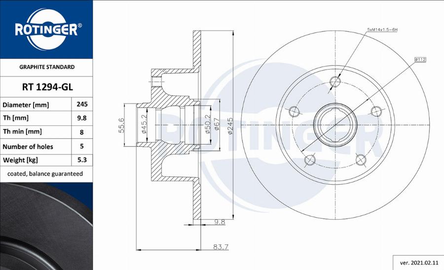 Rotinger RT 1294-GL - Спирачен диск vvparts.bg