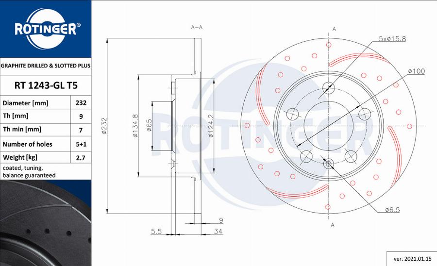 Rotinger RT 1243-GL T5 - Спирачен диск vvparts.bg