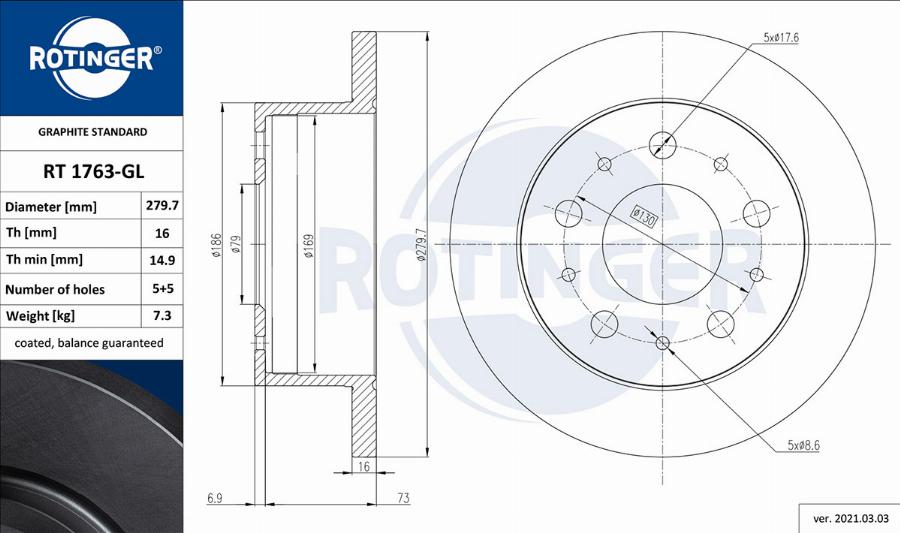 Rotinger RT 1763-GL - Спирачен диск vvparts.bg