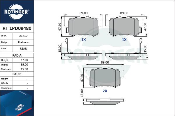 Rotinger RT 1PD09480 - Комплект спирачно феродо, дискови спирачки vvparts.bg