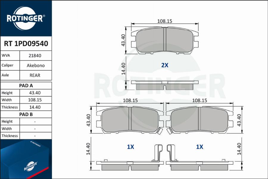 Rotinger RT 1PD09540 - Комплект спирачно феродо, дискови спирачки vvparts.bg