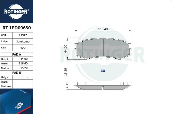 Rotinger RT 1PD09630 - Комплект спирачно феродо, дискови спирачки vvparts.bg