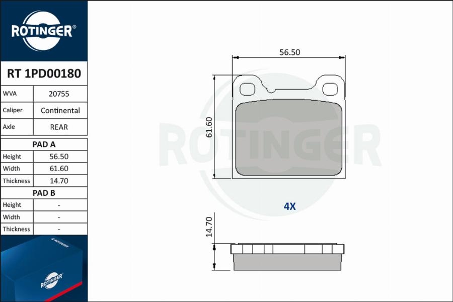 Rotinger RT 1PD00180 - Комплект спирачно феродо, дискови спирачки vvparts.bg