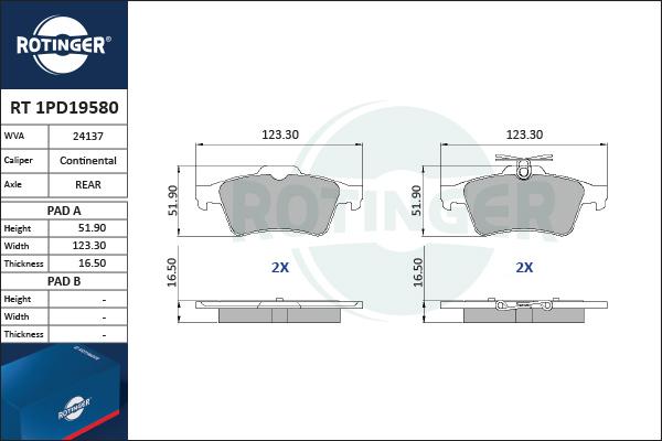 Rotinger RT 1PD19580 - Комплект спирачно феродо, дискови спирачки vvparts.bg