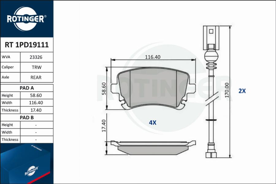 Rotinger RT 1PD19111 - Комплект спирачно феродо, дискови спирачки vvparts.bg