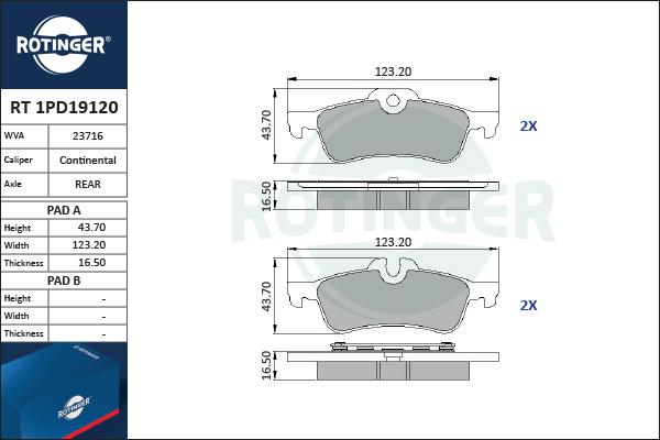 Rotinger RT 1PD19120 - Комплект спирачно феродо, дискови спирачки vvparts.bg