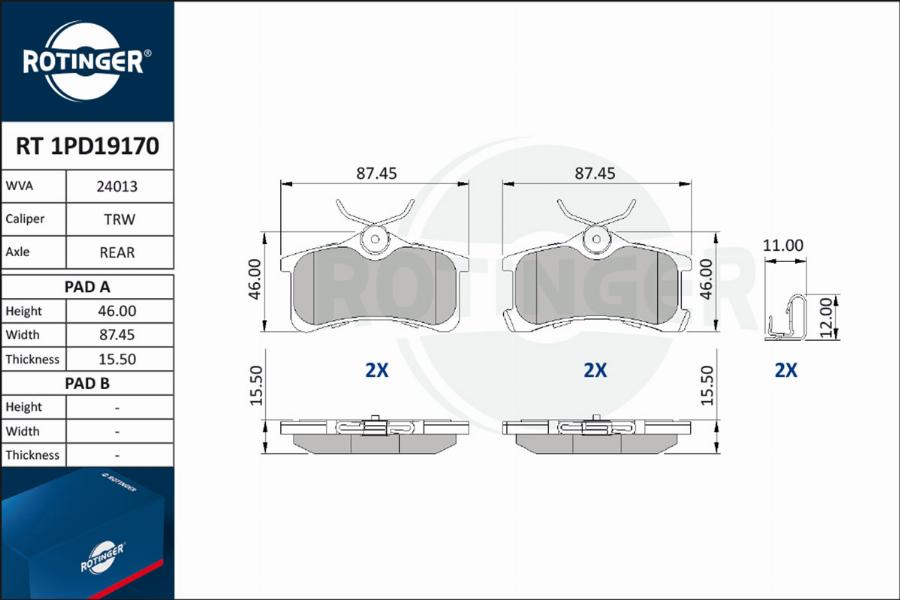 Rotinger RT 1PD19170 - Комплект спирачно феродо, дискови спирачки vvparts.bg