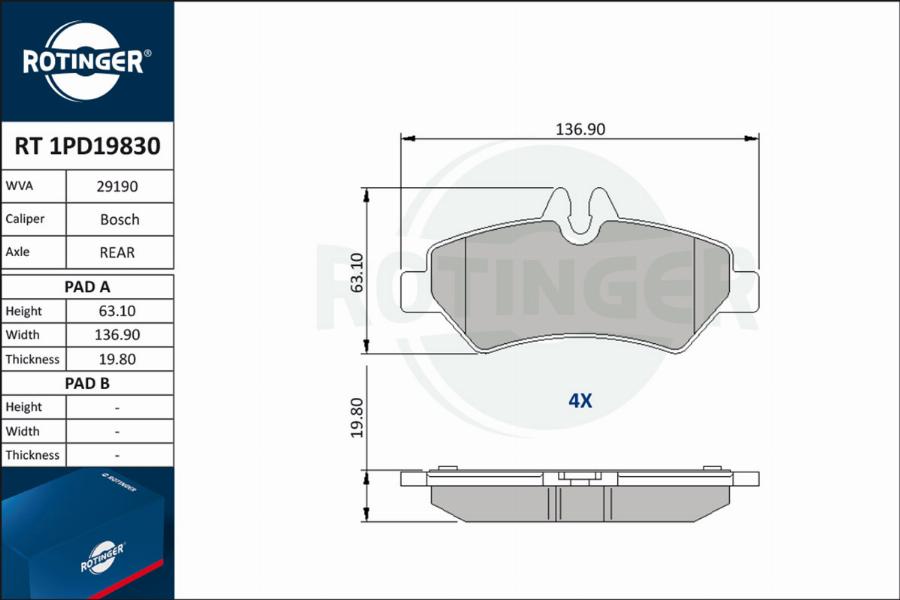 Rotinger RT 1PD19830 - Комплект спирачно феродо, дискови спирачки vvparts.bg