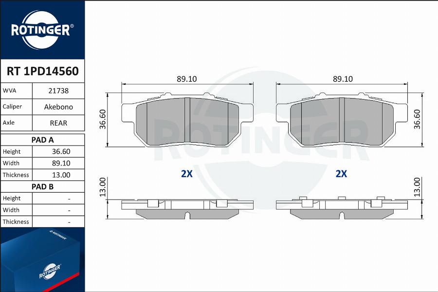 Rotinger RT 1PD14560 - Комплект спирачно феродо, дискови спирачки vvparts.bg