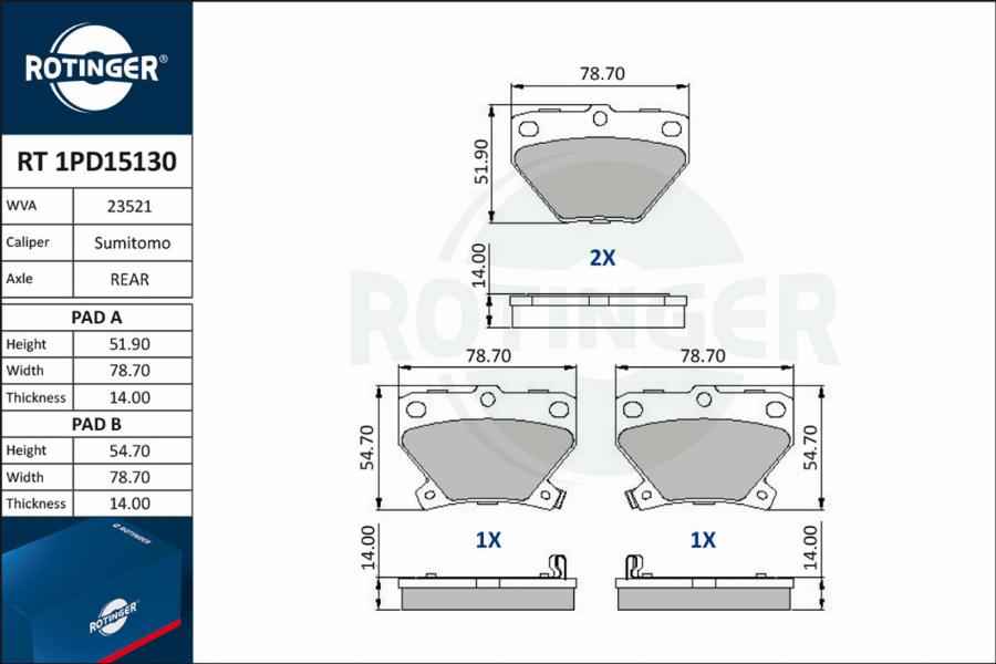 Rotinger RT 1PD15130 - Комплект спирачно феродо, дискови спирачки vvparts.bg