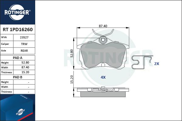 Rotinger RT 1PD16260 - Комплект спирачно феродо, дискови спирачки vvparts.bg