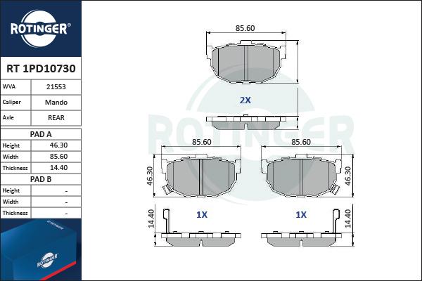 Rotinger RT 1PD10730 - Комплект спирачно феродо, дискови спирачки vvparts.bg