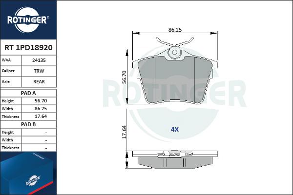 Rotinger RT 1PD18920 - Комплект спирачно феродо, дискови спирачки vvparts.bg