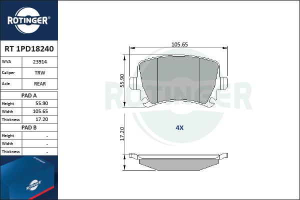 Rotinger RT 1PD18240 - Комплект спирачно феродо, дискови спирачки vvparts.bg