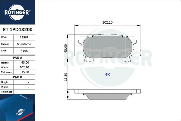 Rotinger RT 1PD18200 - Комплект спирачно феродо, дискови спирачки vvparts.bg