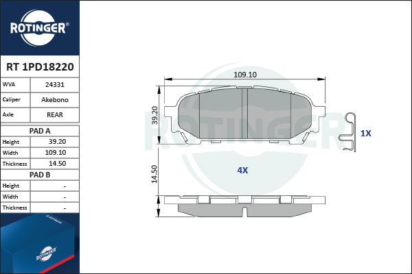 Rotinger RT 1PD18220 - Комплект спирачно феродо, дискови спирачки vvparts.bg