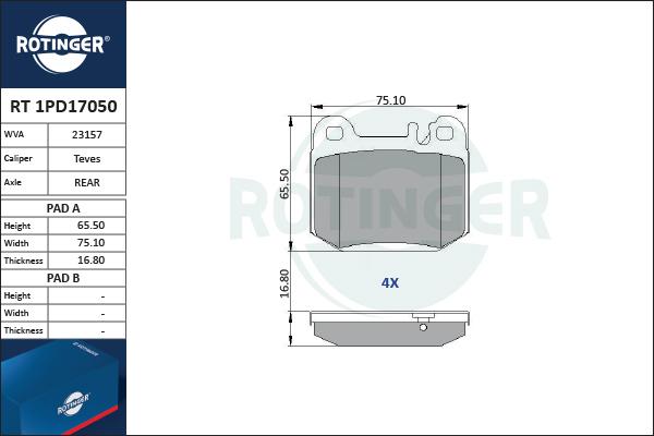 Rotinger RT 1PD17050 - Комплект спирачно феродо, дискови спирачки vvparts.bg