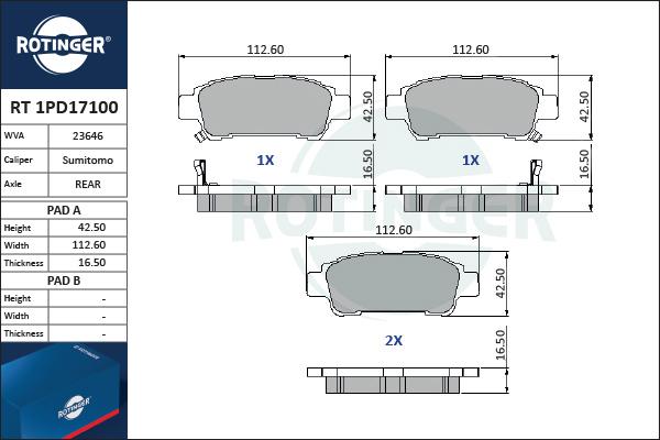 Rotinger RT 1PD17100 - Комплект спирачно феродо, дискови спирачки vvparts.bg