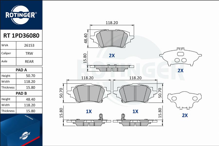 Rotinger RT 1PD36080 - Комплект спирачно феродо, дискови спирачки vvparts.bg