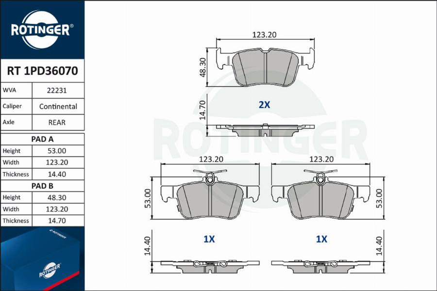 Rotinger RT 1PD36070 - Комплект спирачно феродо, дискови спирачки vvparts.bg