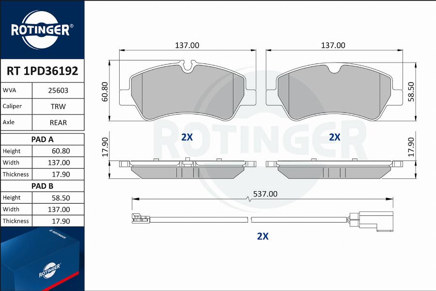 Rotinger RT 1PD36192 - Комплект спирачно феродо, дискови спирачки vvparts.bg