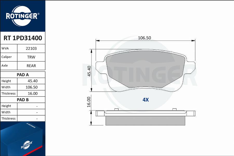 Rotinger RT 1PD31400 - Комплект спирачно феродо, дискови спирачки vvparts.bg