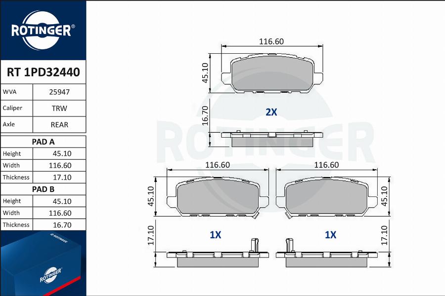 Rotinger RT 1PD32440 - Комплект спирачно феродо, дискови спирачки vvparts.bg