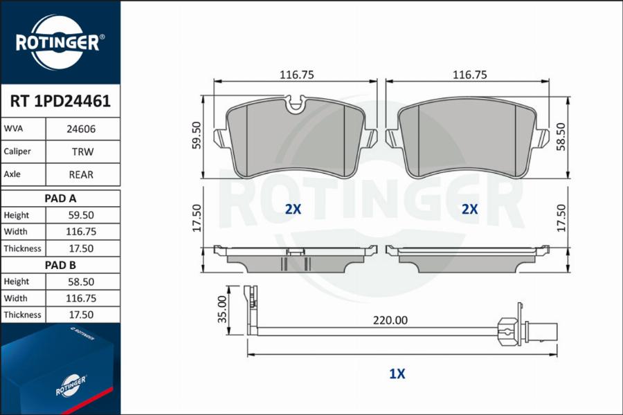 Rotinger RT 1PD24461 - Комплект спирачно феродо, дискови спирачки vvparts.bg