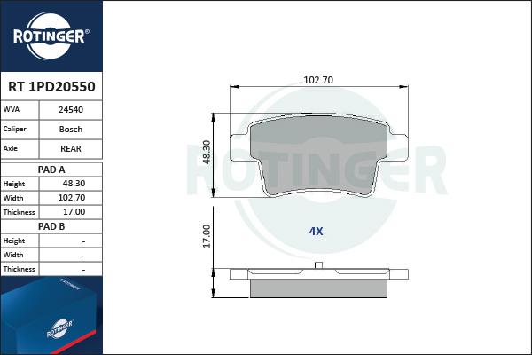 Rotinger RT 1PD20550 - Комплект спирачно феродо, дискови спирачки vvparts.bg