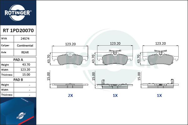 Rotinger RT 1PD20070 - Комплект спирачно феродо, дискови спирачки vvparts.bg