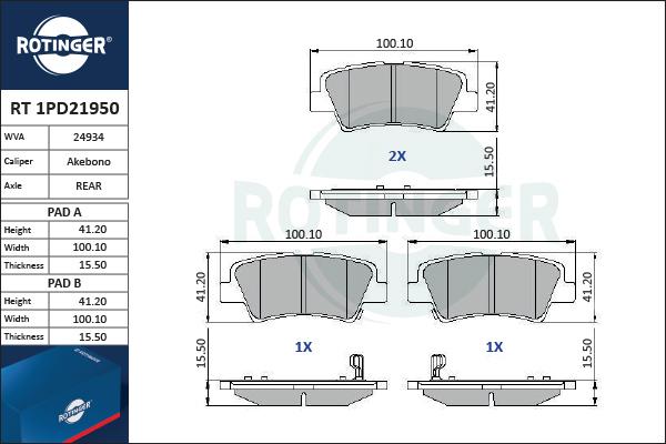 Rotinger RT 1PD21950 - Комплект спирачно феродо, дискови спирачки vvparts.bg