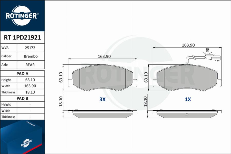 Rotinger RT 1PD21921 - Комплект спирачно феродо, дискови спирачки vvparts.bg