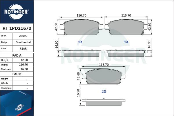 Rotinger RT 1PD21670 - Комплект спирачно феродо, дискови спирачки vvparts.bg