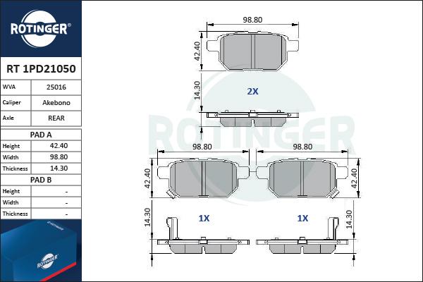 Rotinger RT 1PD21050 - Комплект спирачно феродо, дискови спирачки vvparts.bg